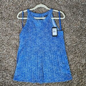 Adrianna Papell Sleeveless Keyhole Halter Pleated Top Blue Floral